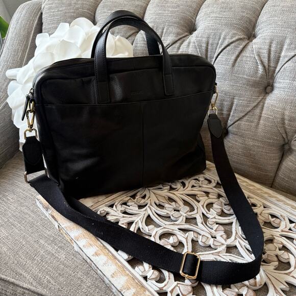 NEW-FOSSIL GRANT BLACK LEATHER COMPUTER/LAPTOP MESSENGER+  Fossil Black Leather Messenger Computer Bag